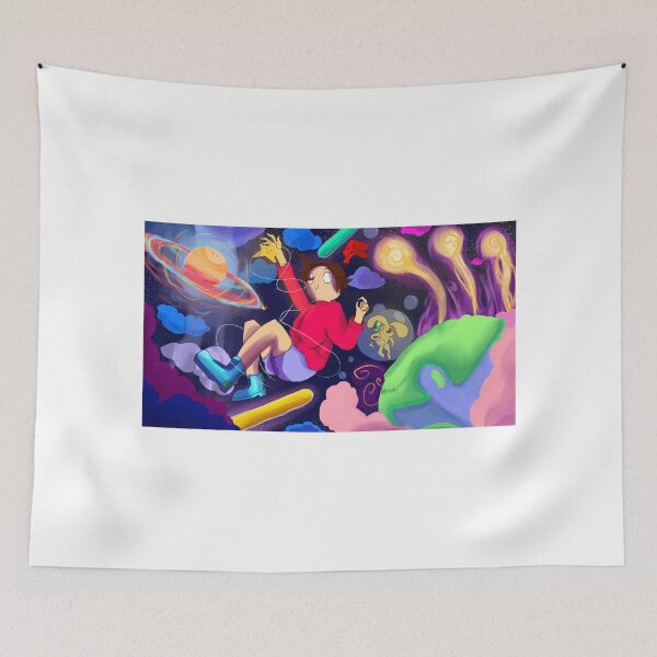 Item preview, Whimsical Space Adventure with Floating Girl and Cartoon Dog designed and sold by Catsi-Nook-Art.