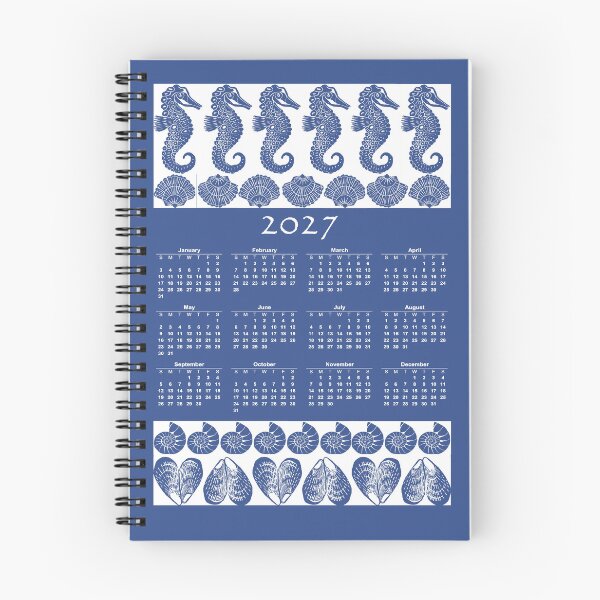Item preview, 2027 Calendar bold navy blue and white seahorse and shells designed and sold by LisaLeQuelenec.