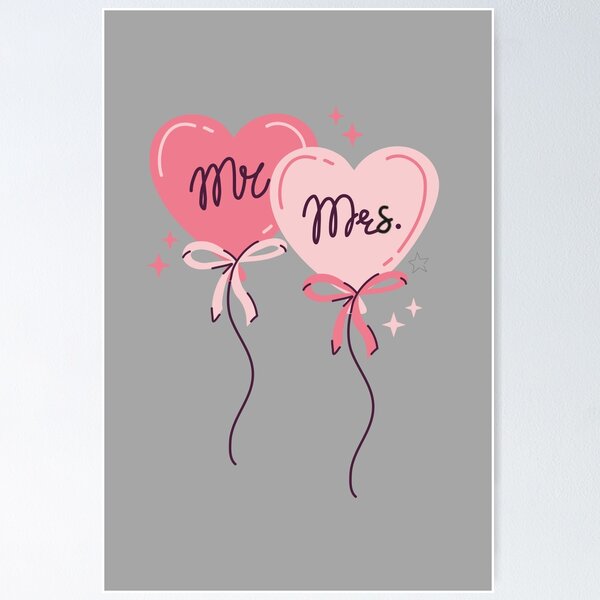 Item preview, Minimalist Mr. & Mrs. Wedding Poster | Pink Heart Balloons on Grey Art Print designed and sold by ArtbyAfroditi.
