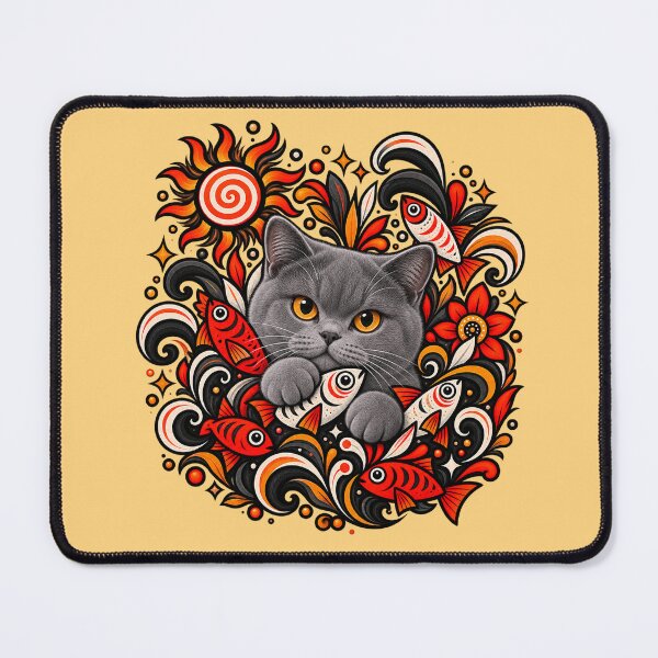 Item preview, British Shorthair Folk Art - Psychedelic Sun & Fishes Graphic Pattern designed and sold by PixelsPaws.
