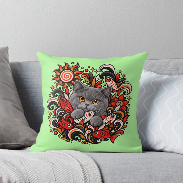 Item preview, British Shorthair Folk Art - Psychedelic Sun &  Fishes Graphic Pattern designed and sold by PixelsPaws.