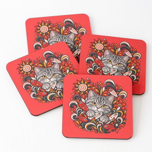 Item preview, Grey Tabby Cat Folk Art - Psychedelic Sun & Fishes Graphic Pattern designed and sold by PixelsPaws.