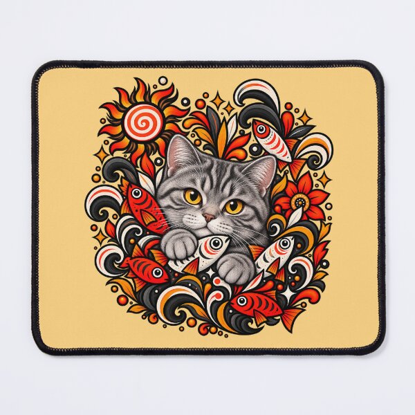 Item preview, Grey Tabby Cat Folk Art - Psychedelic Sun & Fishes Graphic Pattern designed and sold by PixelsPaws.