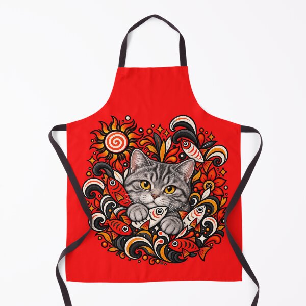 Item preview, Grey Tabby Cat Folk Art - Psychedelic Sun & Fishes Graphic Pattern designed and sold by PixelsPaws.