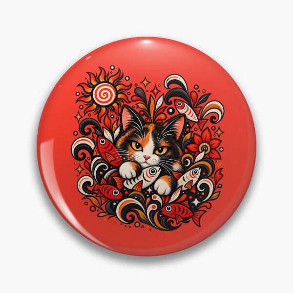 Item preview, Calico Cat Folk Art - Psychedelic Sun & Fishes Graphic Pattern designed and sold by PixelsPaws.