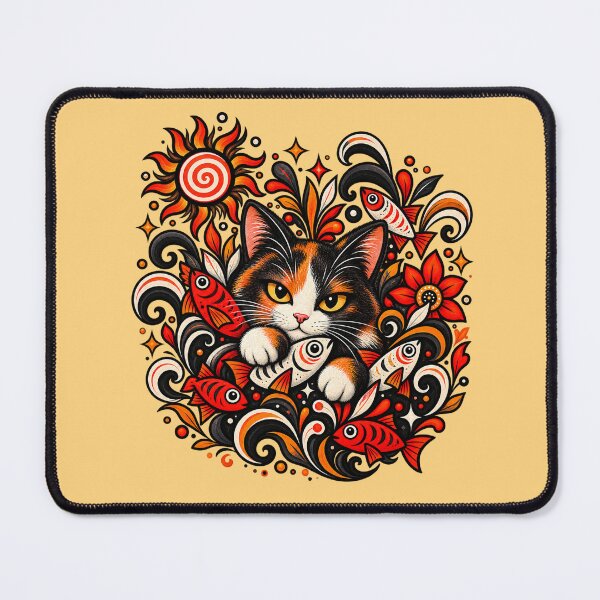 Item preview, Calico Cat Folk Art - Psychedelic Sun & Fishes Graphic Pattern designed and sold by PixelsPaws.
