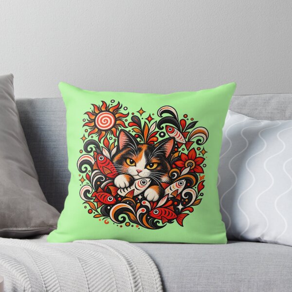 Item preview, Calico Cat Folk Art - Psychedelic Sun & Fishes Graphic Pattern designed and sold by PixelsPaws.