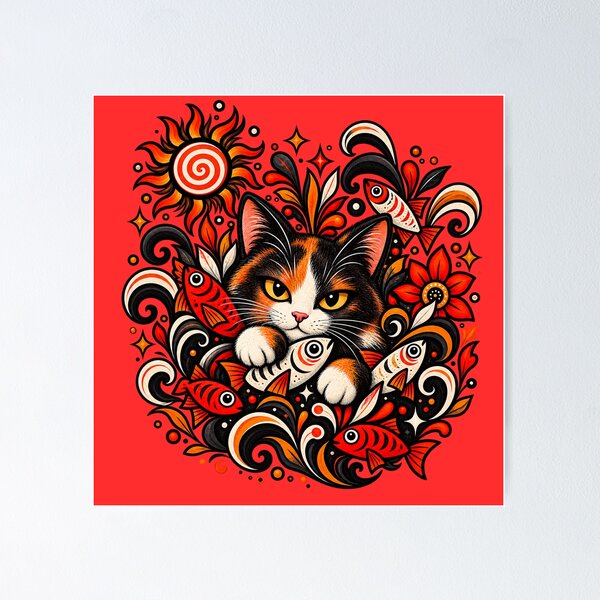 Item preview, Calico Cat Folk Art - Psychedelic Sun & Fishes Graphic Pattern designed and sold by PixelsPaws.