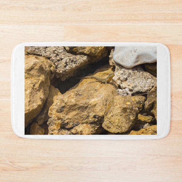 Item preview, Green Lizard Basking on Sunlit Rocks, Closeup Reptile on Rocky Wall in Natural Habitat designed and sold by Nmallia.