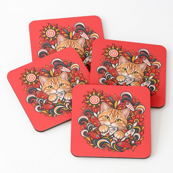 Item preview, Orange Tabby Cat Folk Art - Psychedelic Sun & Fishes Graphic Pattern designed and sold by PixelsPaws.