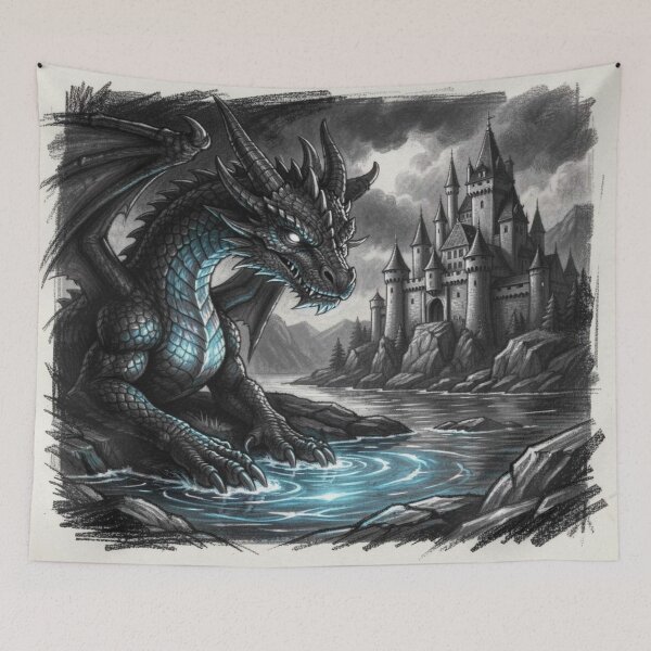 Item preview, Fantasy Dragon Scene with blue glow in front of ancient castle designed and sold by FotoworldEdel.
