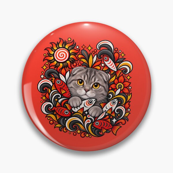 Item preview, Scottish Fold Cat Folk Art - Psychedelic Sun & Fishes Graphic Pattern designed and sold by PixelsPaws.