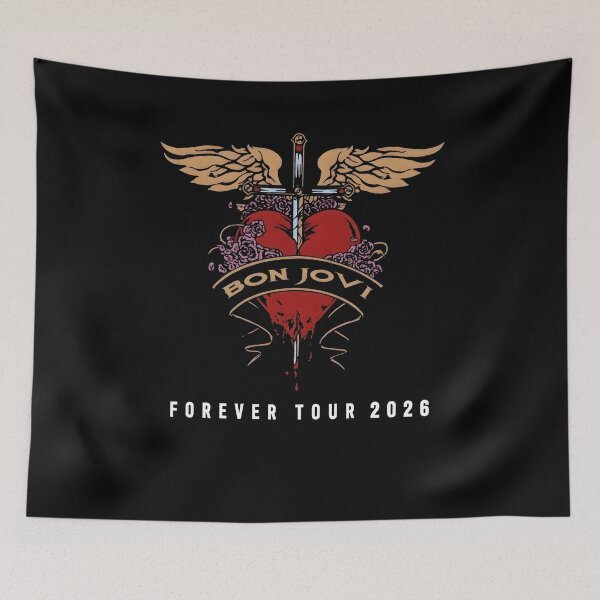 Aperçu de l'œuvre T-shirt Bon Jovi Forever Tour 2026, style vintage rock, motif cœur ailé et épée, idéal pour un concert rock classique, cadeau pour les fans de musique créée et vendue par Catspeachy.
