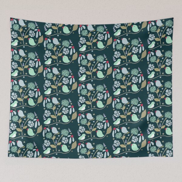 Item preview, Birds And Hydrangeas Christmas Festive Green designed and sold by Designs by Sara Felton.