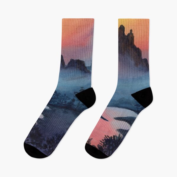 Item preview, The River Led Us Home, Sunset Mountain Watercolour designed and sold by ArithraStudio.