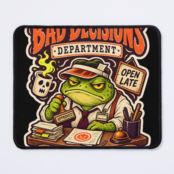 Item preview, Bad Decisions Department After Dark – Grumpy Frog Halloween Office Humor designed and sold by Ajdaprint.