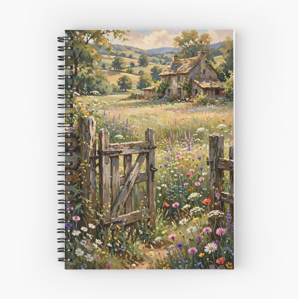 Item preview, Rustic Wooden Gate And Wildflower Meadow - English Stone Cottage Painting designed and sold by Jozefin's Studio.