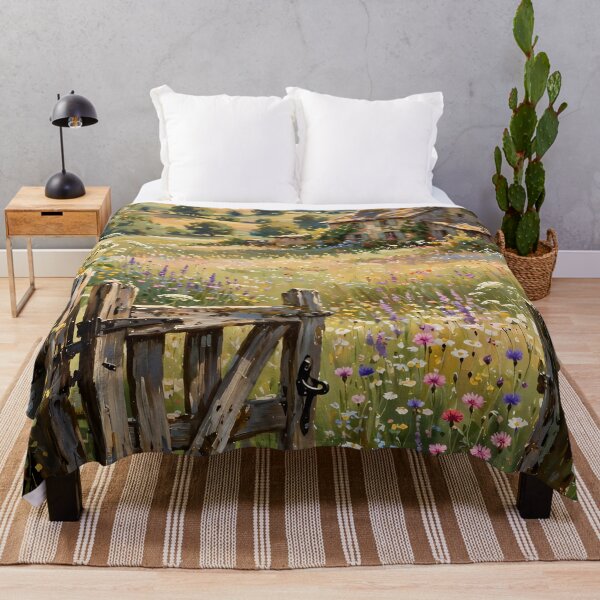 Item preview, Rustic Wooden Gate And Wildflower Meadow - English Stone Cottage Painting designed and sold by Jozefin's Studio.