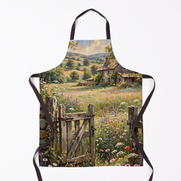Item preview, Rustic Wooden Gate And Wildflower Meadow - English Stone Cottage Painting designed and sold by Jozefin's Studio.