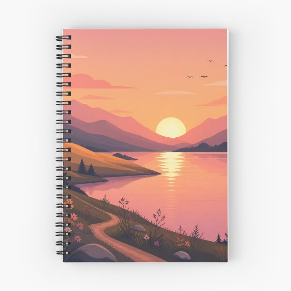 Item preview, Dreamy Sunset Over Mountain Lake Retro Landscape Illustration designed and sold by ThatSurreyLife.