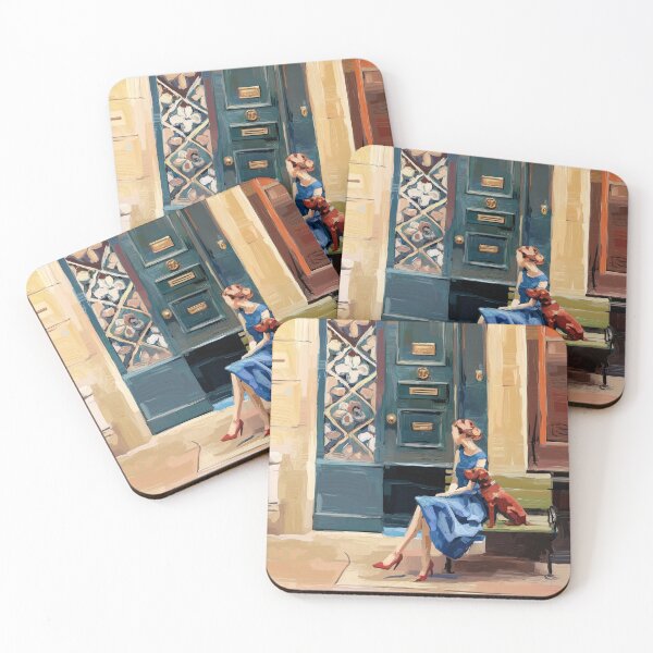 Item preview, Quiet French Street Scene – Woman in Blue with Dog designed and sold by CARRAANN.