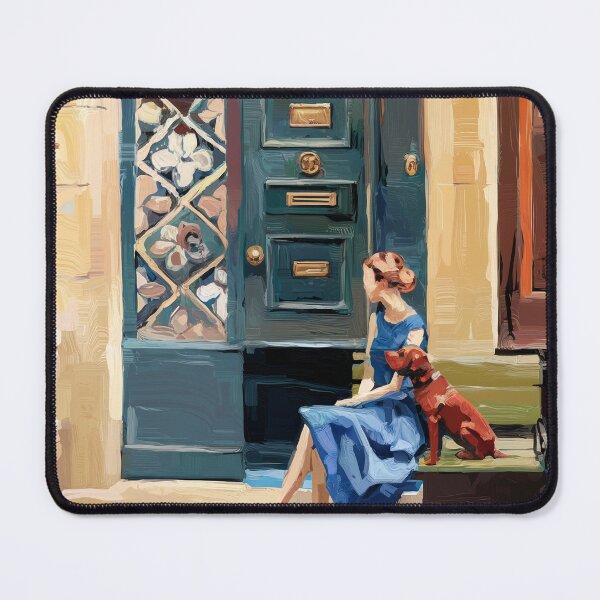 Item preview, Quiet French Street Scene – Woman in Blue with Dog designed and sold by CARRAANN.