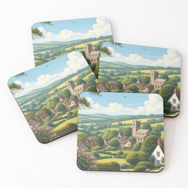 Item preview, Idyllic English Countryside Village Summer Landscape Illustration designed and sold by ThatSurreyLife.