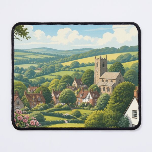 Item preview, Idyllic English Countryside Village Summer Landscape Illustration designed and sold by ThatSurreyLife.