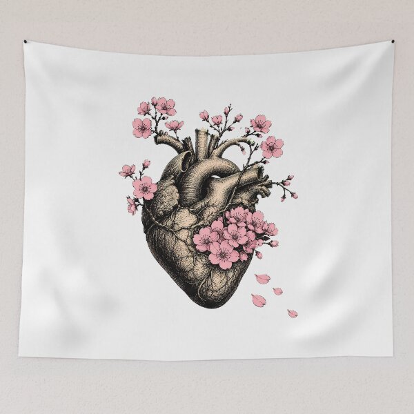 Item preview, Anatomical Heart Cherry Blossom Botanical Ink Sketch designed and sold by chattsuede.