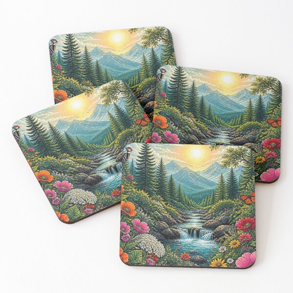 Item preview, Colourful Mountain Stream Wildflower Forest Nature Landscape Illustration designed and sold by ThatSurreyLife.