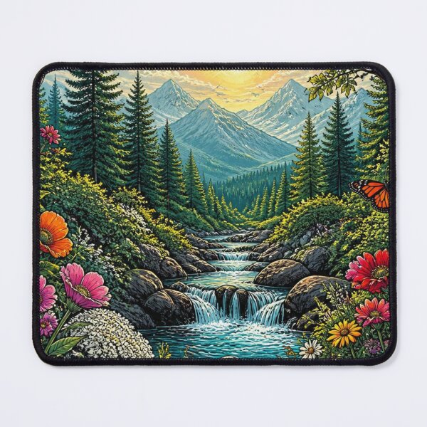 Item preview, Colourful Mountain Stream Wildflower Forest Nature Landscape Illustration designed and sold by ThatSurreyLife.
