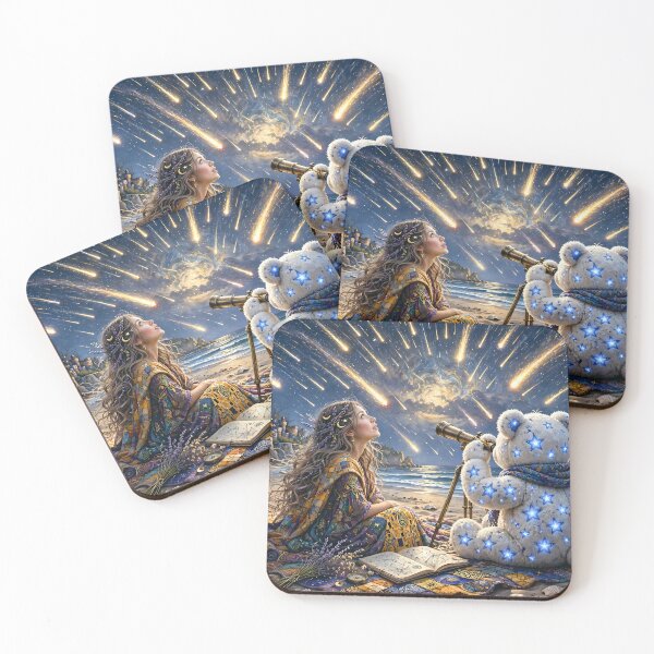 Item preview, Starry Teddy Bear and Girl on a Magical Beach designed and sold by m-y-A-I-A-R-T-.