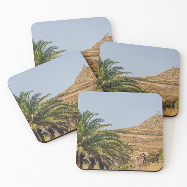 Item preview, Palm Trees Framing a Rocky Hill With a Cross Monument Overlooking Arid Rural Landscape designed and sold by Nmallia.