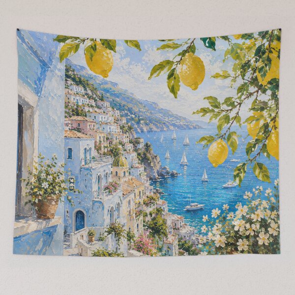 Item preview, Lemon Tree Over Amalfi Coast - Mediterranean Village And Sea Painting designed and sold by Jozefin's Studio.