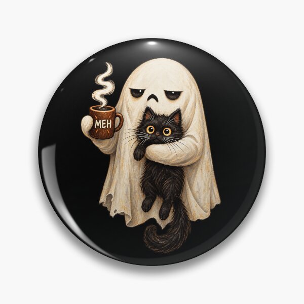 Item preview, Meh Ghost Holding Black Cat and Coffee – Cute Spooky Mood designed and sold by will freed18.