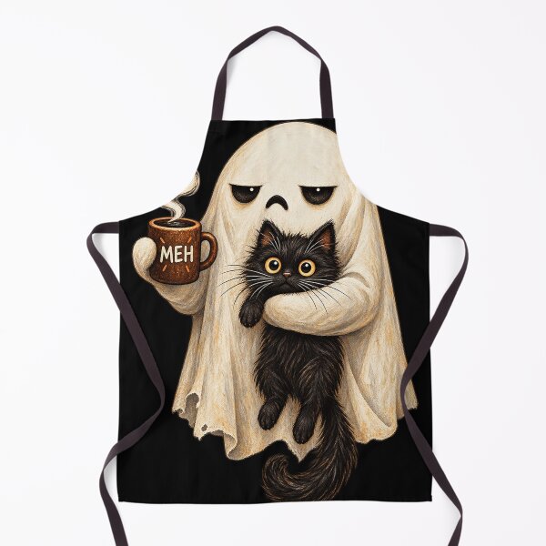 Item preview, Meh Ghost Holding Black Cat and Coffee – Cute Spooky Mood designed and sold by will freed18.