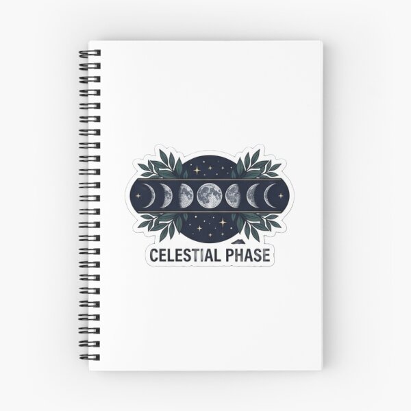 Item preview, "Celestial Phase" – Sleek horizontal line-art of moon phases surrounded by tiny stars and dark botanical leaves designed and sold by littleearty.