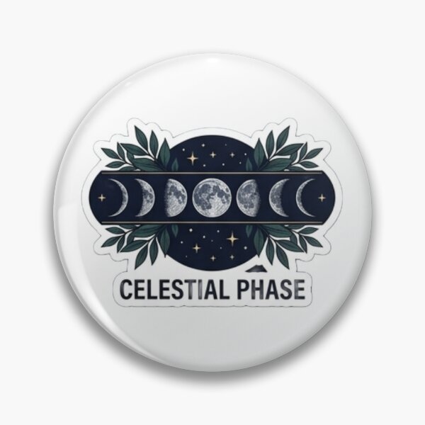 Item preview, "Celestial Phase" – Sleek horizontal line-art of moon phases surrounded by tiny stars and dark botanical leaves designed and sold by littleearty.
