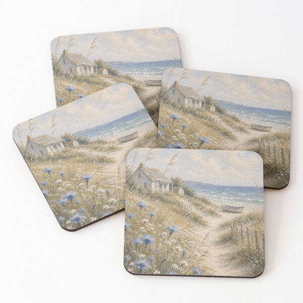 Item preview, Blue Cornflowers Path To Beach Cottage - Coastal Dune And Boat Painting designed and sold by Jozefin's Studio.