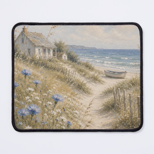 Item preview, Blue Cornflowers Path To Beach Cottage - Coastal Dune And Boat Painting designed and sold by Jozefin's Studio.