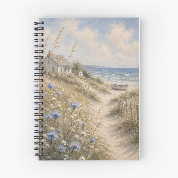 Item preview, Blue Cornflowers Path To Beach Cottage - Coastal Dune And Boat Painting designed and sold by Jozefin's Studio.