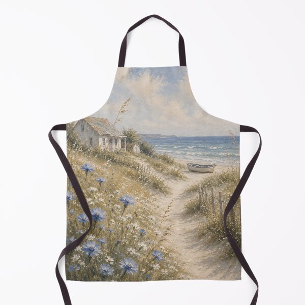 Item preview, Blue Cornflowers Path To Beach Cottage - Coastal Dune And Boat Painting designed and sold by Jozefin's Studio.