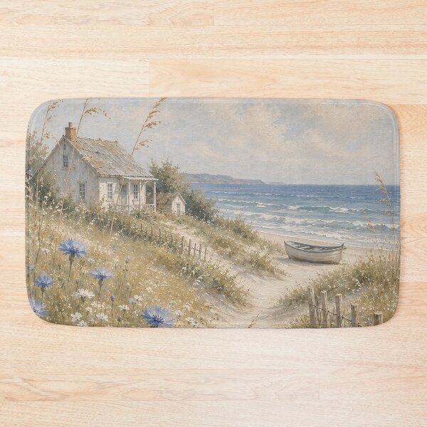 Item preview, Blue Cornflowers Path To Beach Cottage - Coastal Dune And Boat Painting designed and sold by Jozefin's Studio.