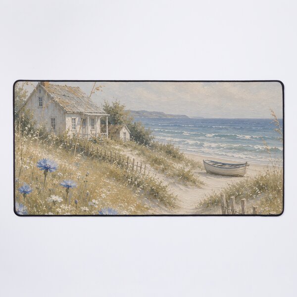 Item preview, Blue Cornflowers Path To Beach Cottage - Coastal Dune And Boat Painting designed and sold by Jozefin's Studio.
