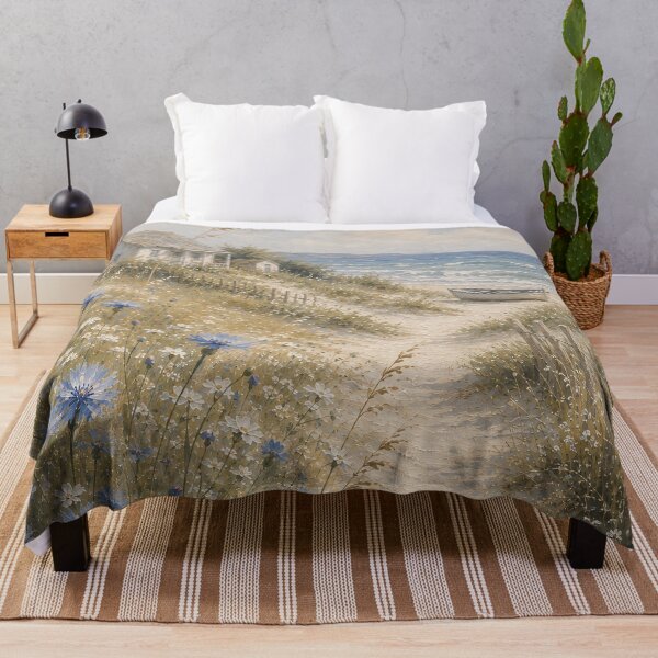 Item preview, Blue Cornflowers Path To Beach Cottage - Coastal Dune And Boat Painting designed and sold by Jozefin's Studio.