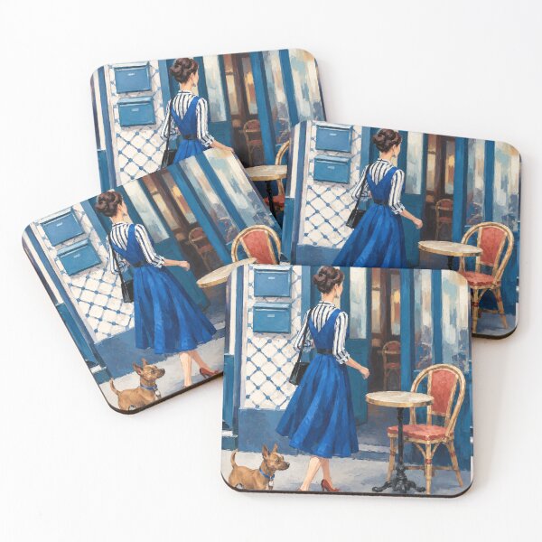 Item preview, French Café Street Scene – Woman Walking With Her Dog designed and sold by CARRAANN.