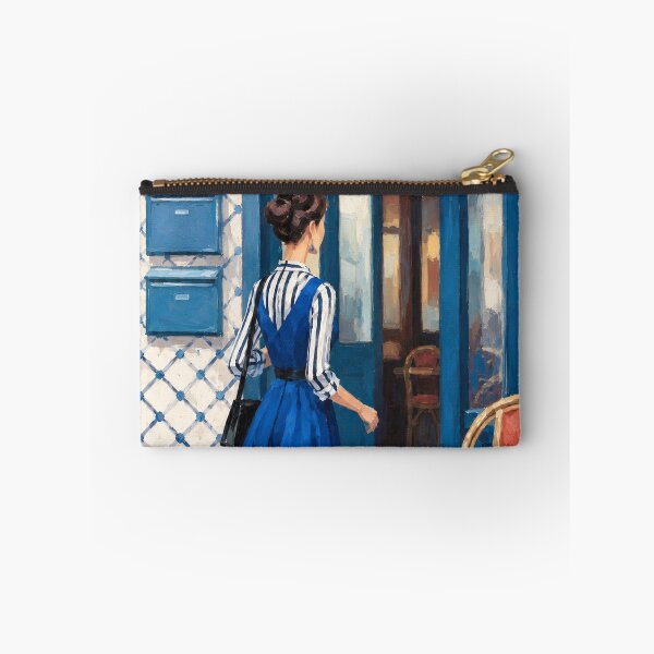 Item preview, French Café Street Scene – Woman Walking With Her Dog designed and sold by CARRAANN.