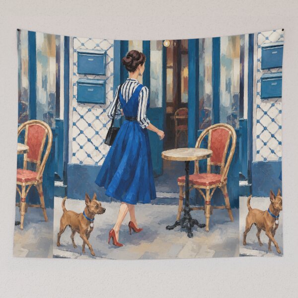 Item preview, French Café Street Scene – Woman Walking With Her Dog designed and sold by CARRAANN.