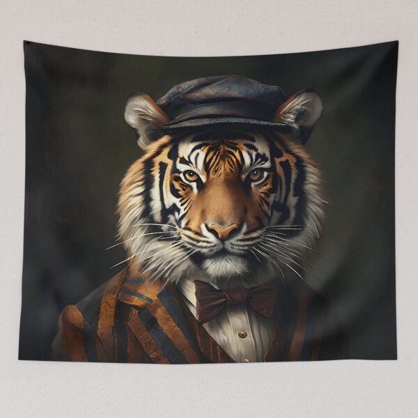 Item preview, Vintage Animal Art: Tiger Gentleman with a Cap Portrait | Animal Art | Oil Painting | Animal Portrait designed and sold by UnhingedBird.