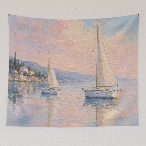 Item preview, Two Sailboats At Sunset - Pastel Seascape And Calm Ocean Painting designed and sold by Jozefin's Studio.
